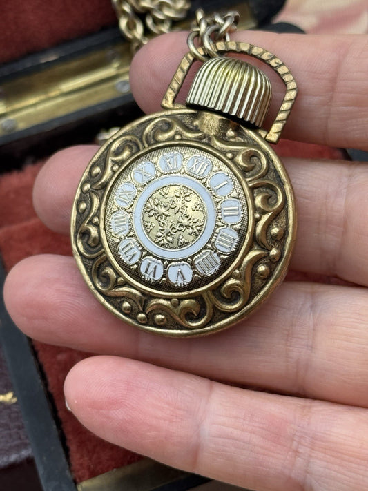 Avon Vintage Pendant Bottle Faux Watch Enamel Roman Numerals 32” Chain