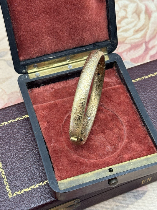 Vintage Bangle Bracelet Goldtone Hinged Floral Etched Push Lock 6.75” Size