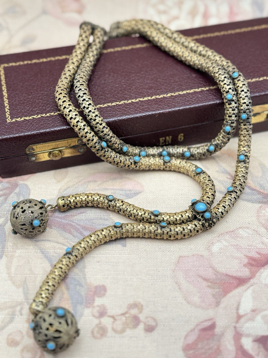 Victorian Necklace Etruscan Revival Brass Turquoise Glass c1890 Statement Piece