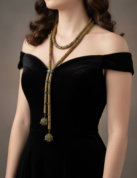 Victorian Necklace Etruscan Revival Brass Turquoise Glass c1890 Statement Piece