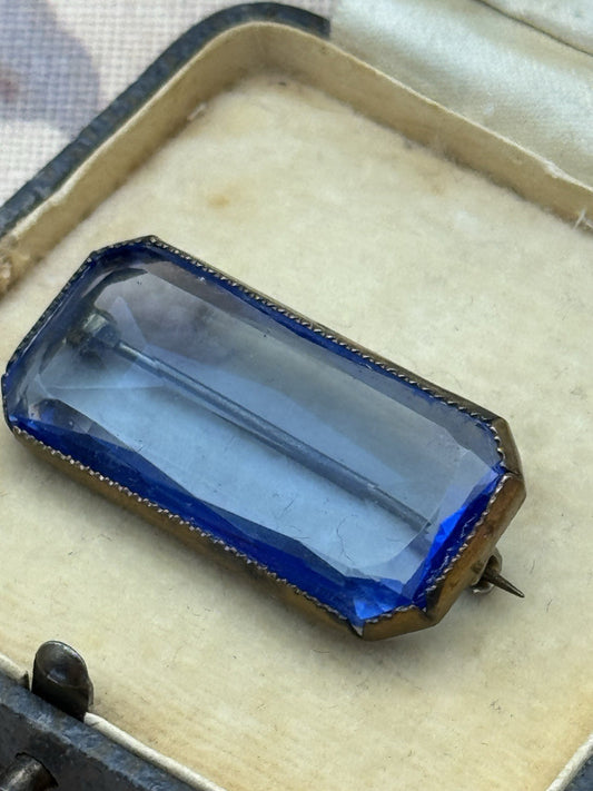 Antique Brooch Art Deco Style Blue Glass Bar Pin ca. 1.38” x 0.67”