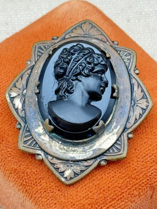 Antique Cameo Brooch Black Glass Original Frame Art Deco Style 1.57” x 1.38”