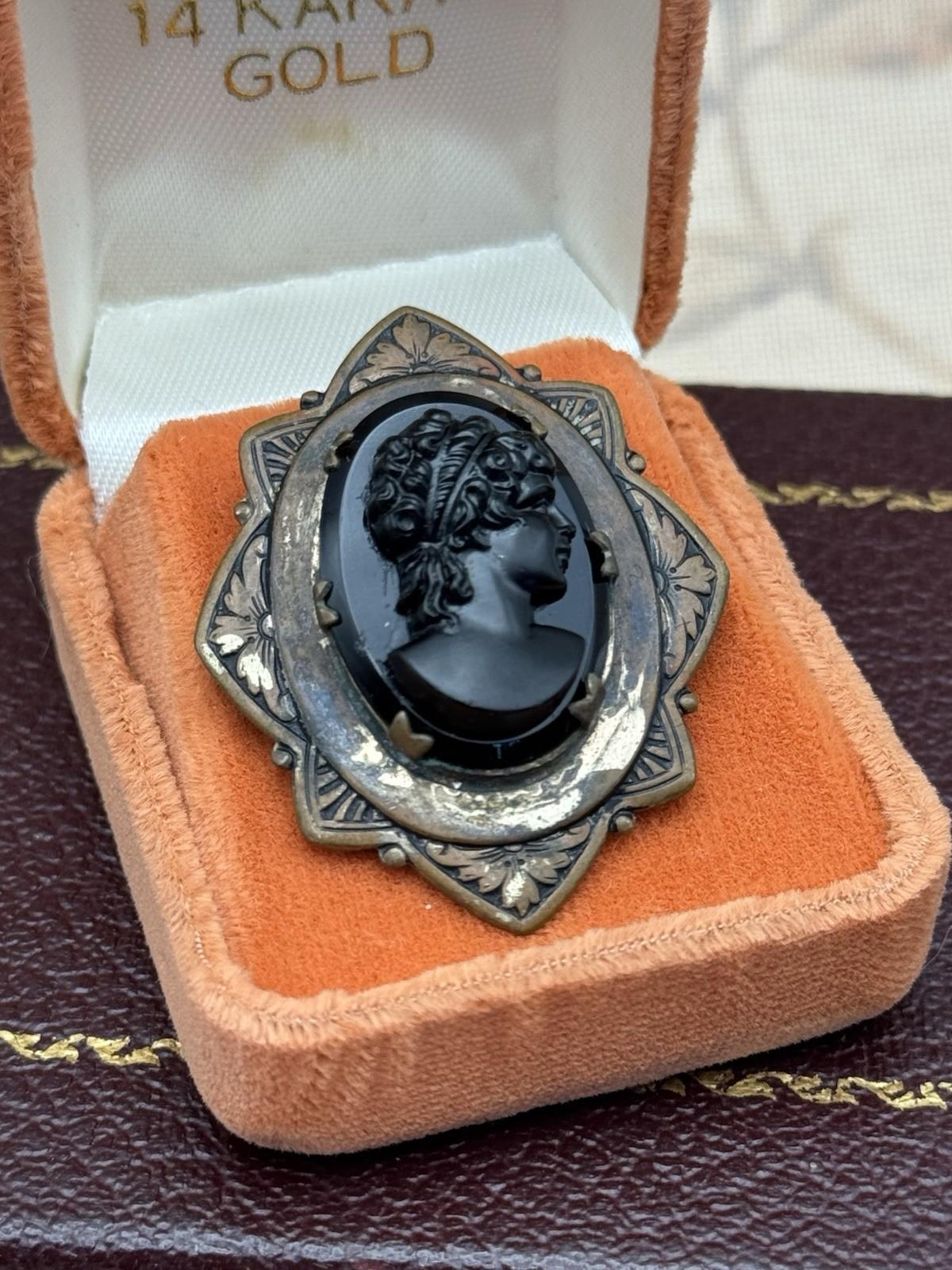 Antique Cameo Brooch Black Glass Original Frame Art Deco Style 1.57” x 1.38”