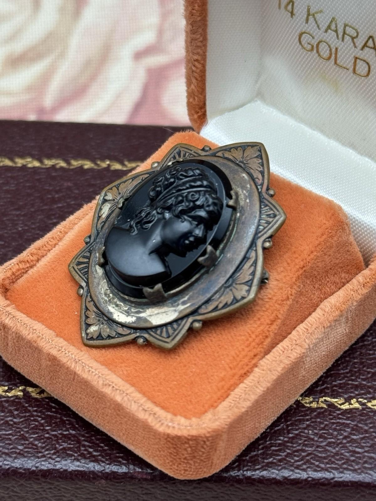 Antique Cameo Brooch Black Glass Original Frame Art Deco Style 1.57” x 1.38”