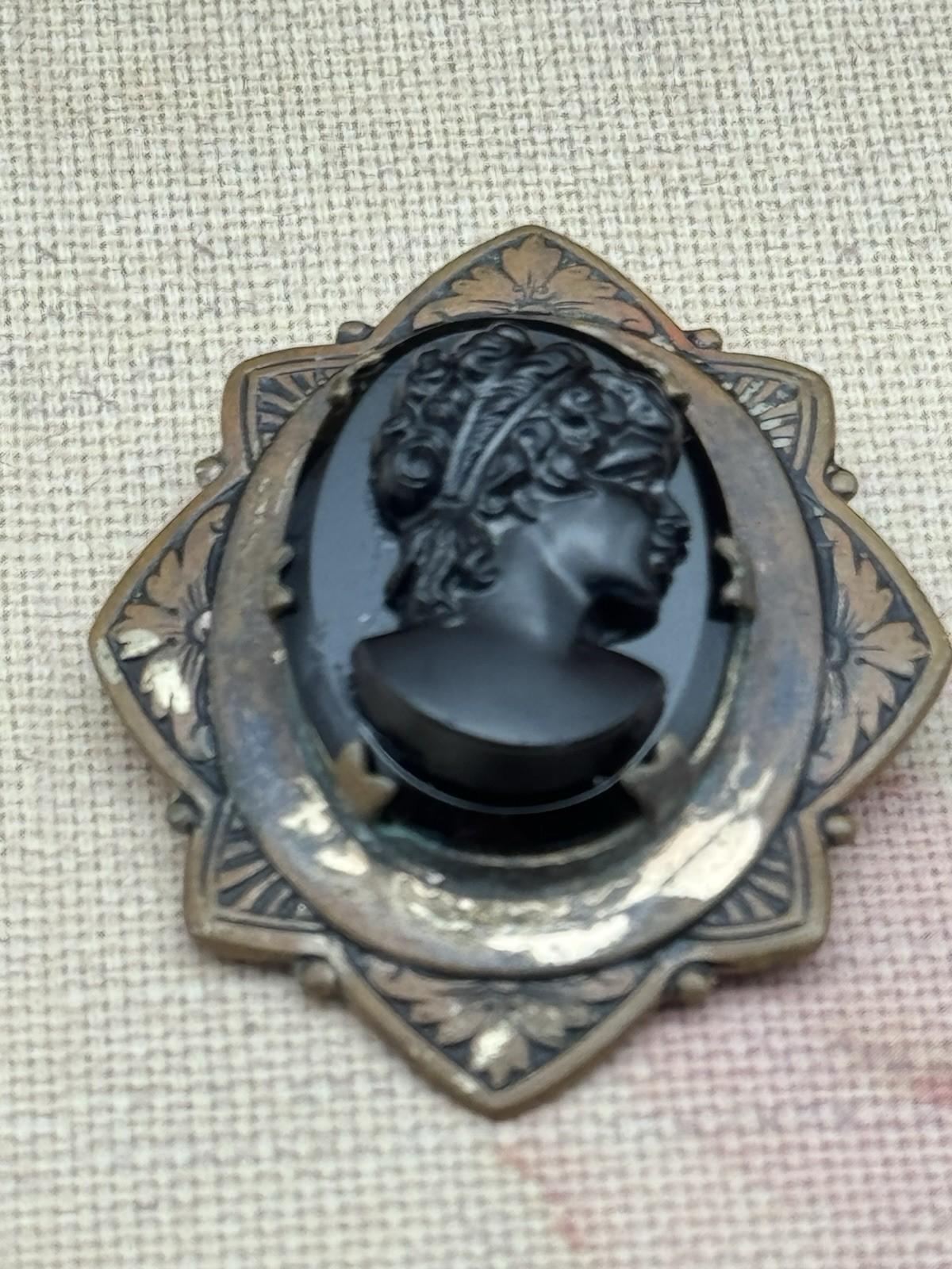 Antique Cameo Brooch Black Glass Original Frame Art Deco Style 1.57” x 1.38”