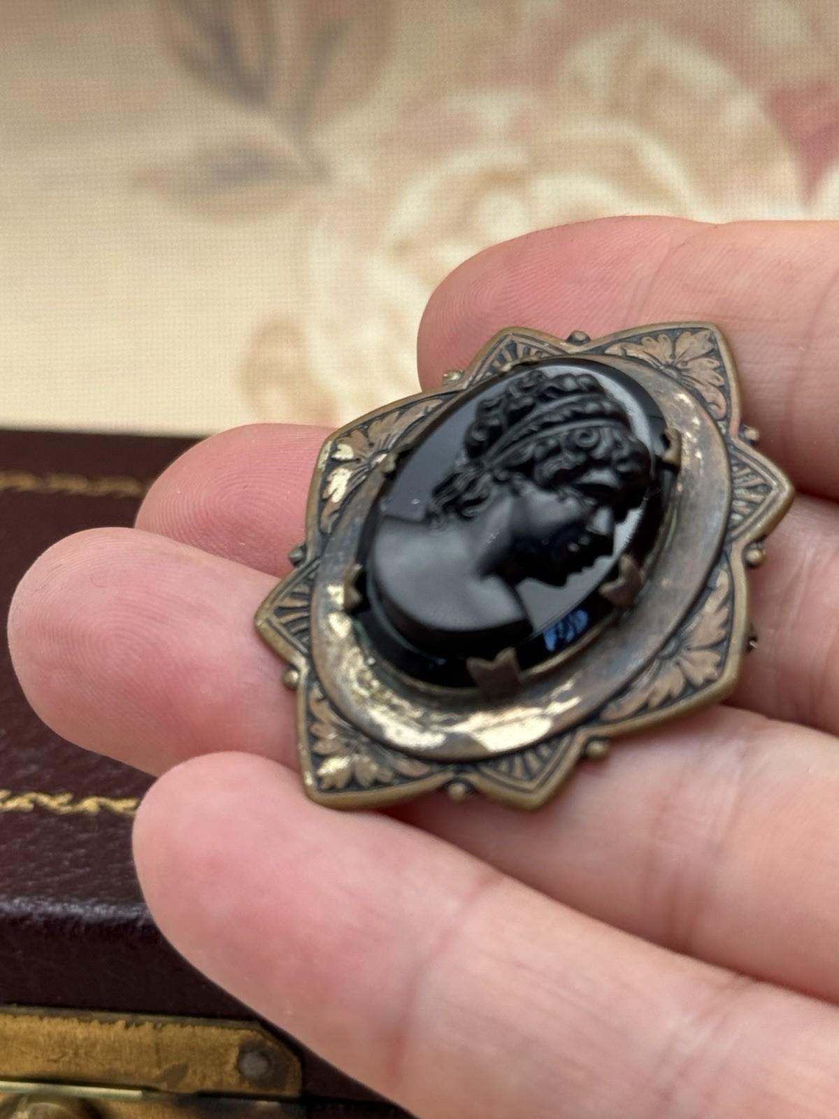 Antique Cameo Brooch Black Glass Original Frame Art Deco Style 1.57” x 1.38”