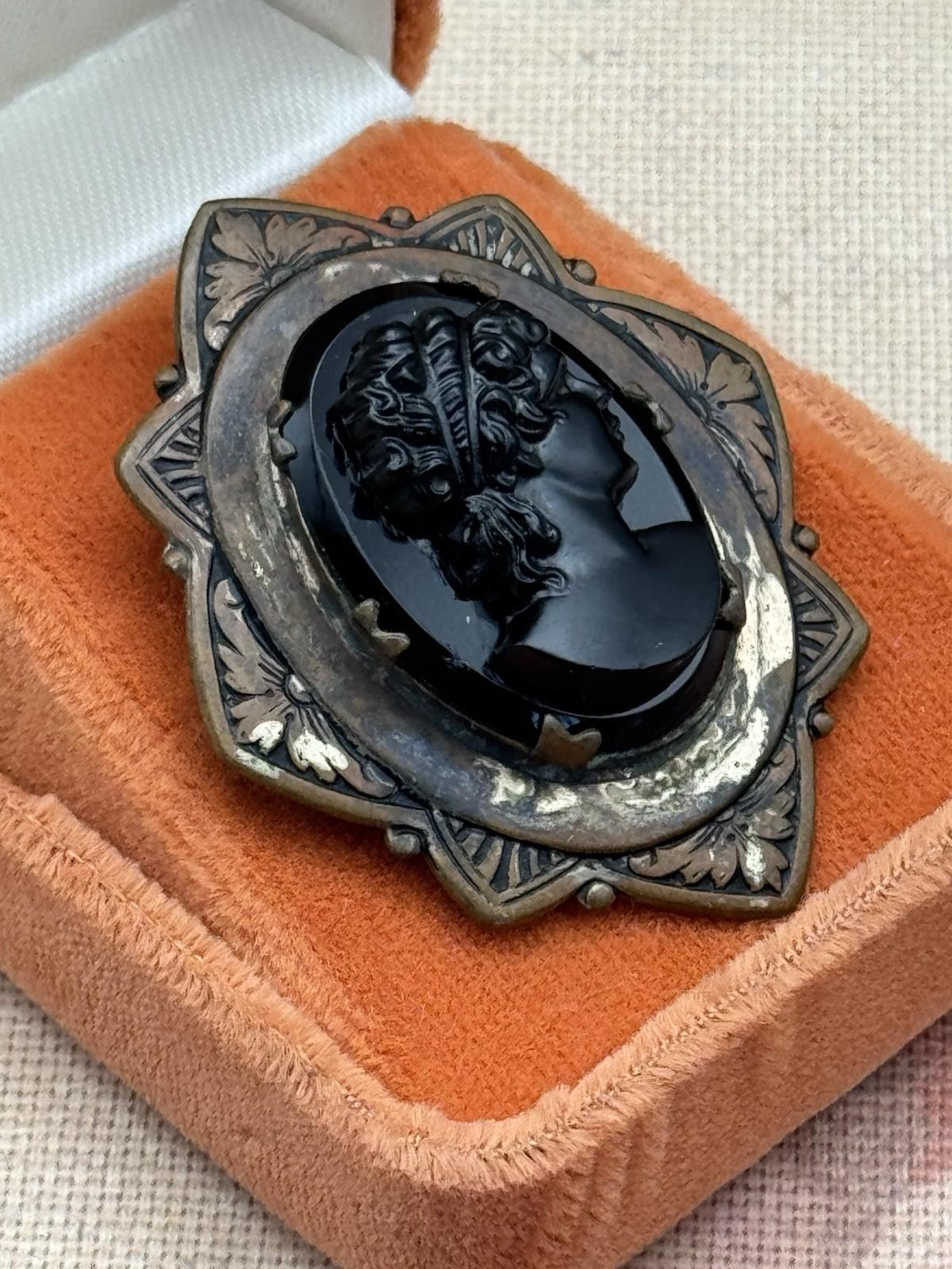 Antique Cameo Brooch Black Glass Original Frame Art Deco Style 1.57” x 1.38”
