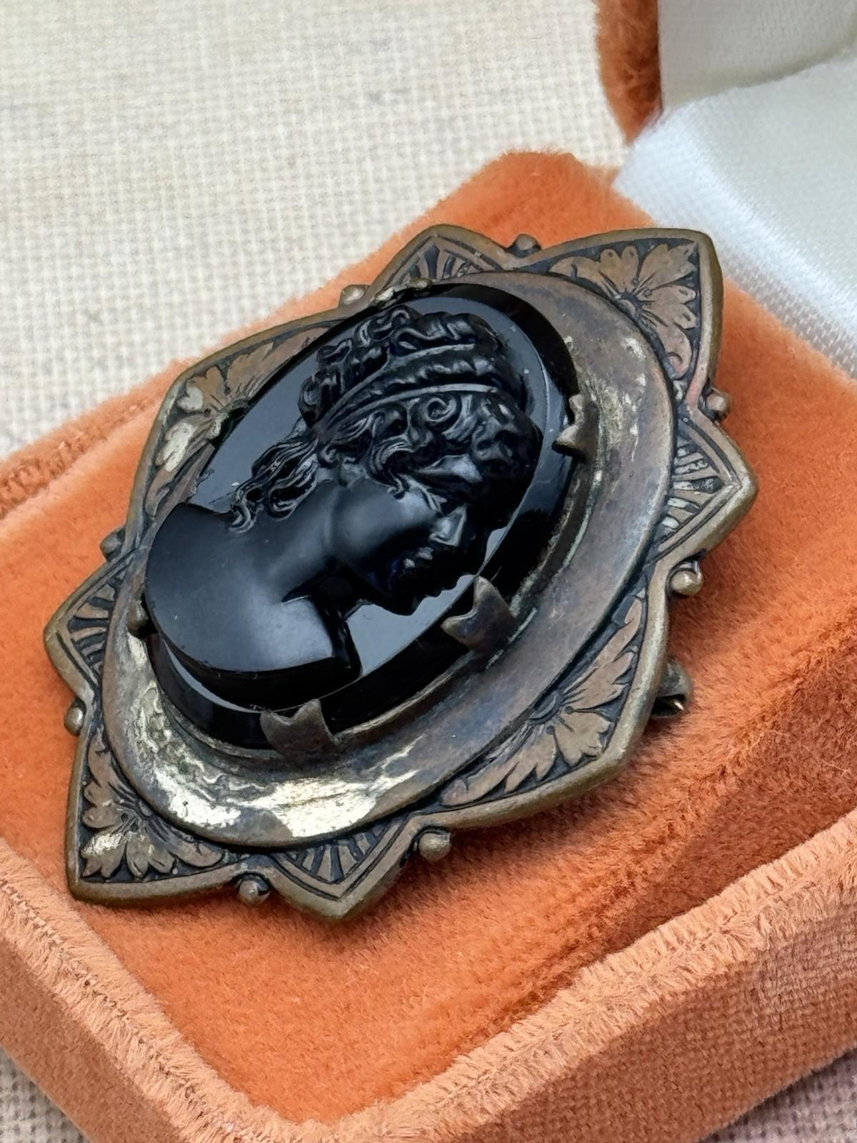Antique Cameo Brooch Black Glass Original Frame Art Deco Style 1.57” x 1.38”