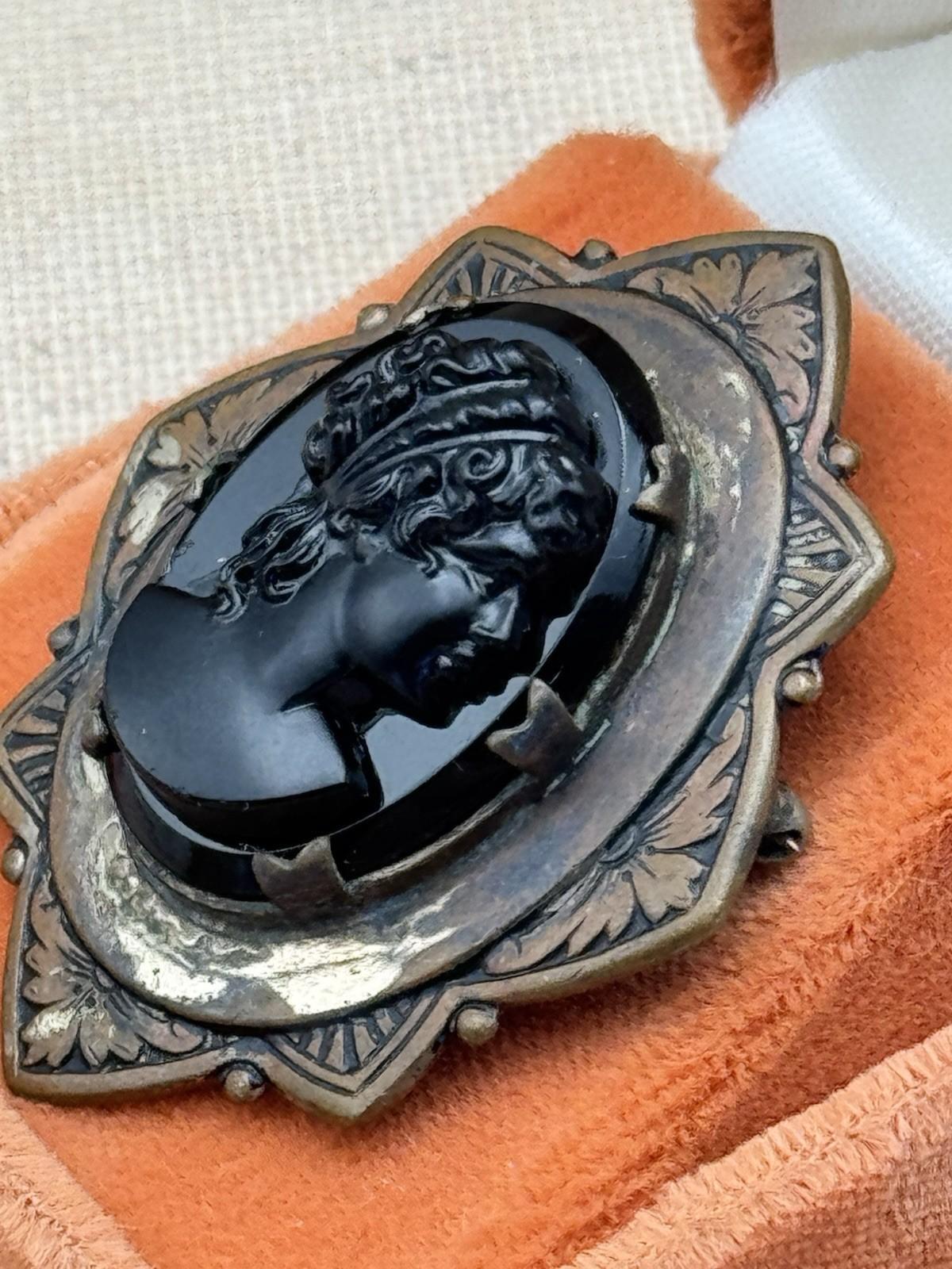 Antique Cameo Brooch Black Glass Original Frame Art Deco Style 1.57” x 1.38”