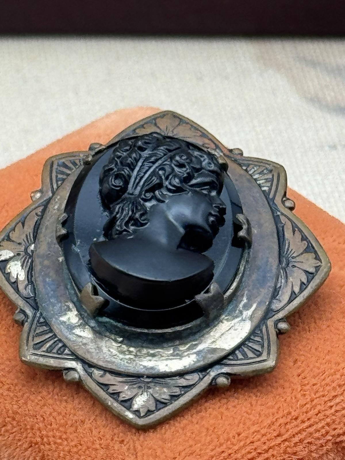 Antique Cameo Brooch Black Glass Original Frame Art Deco Style 1.57” x 1.38”