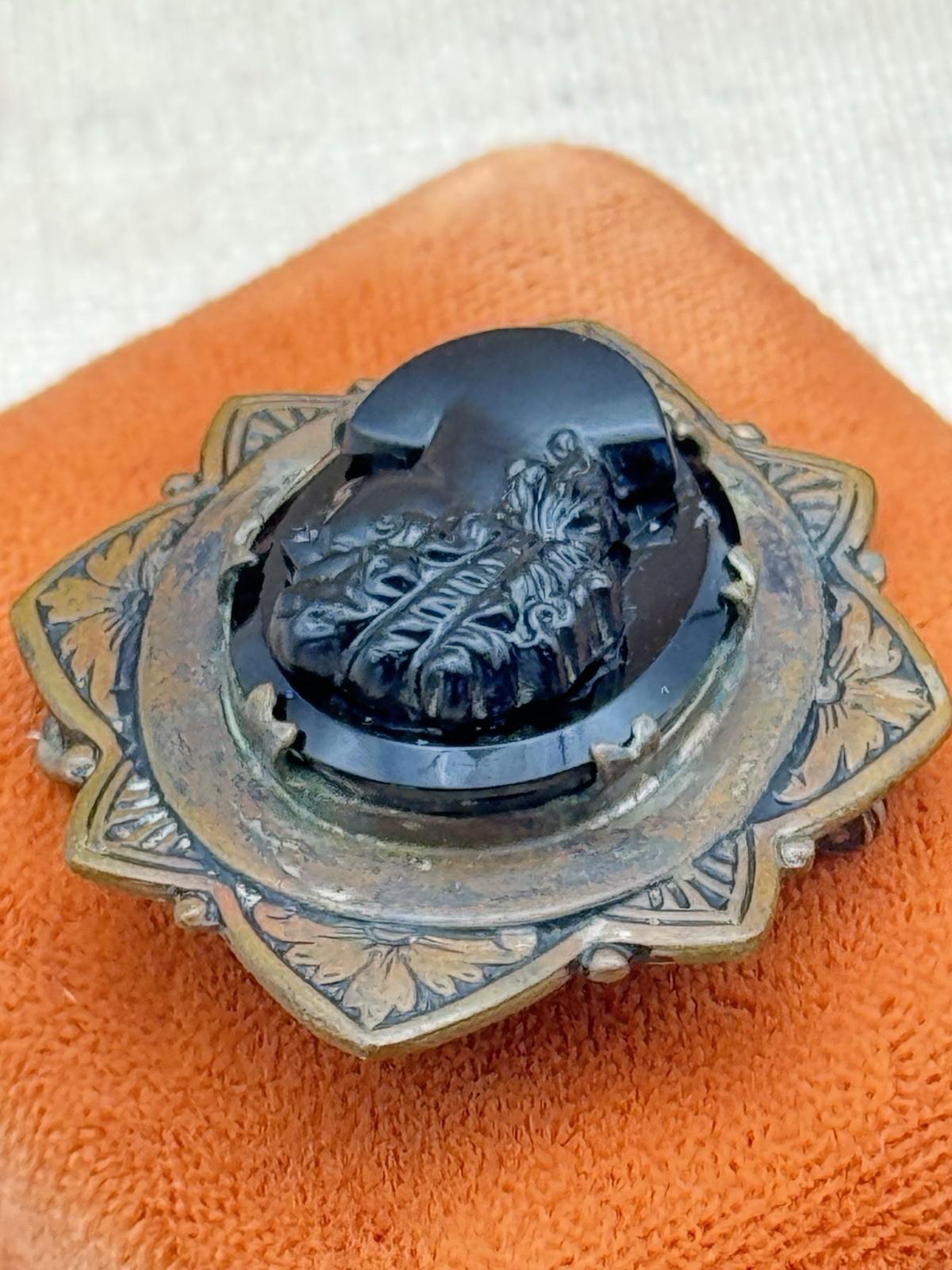 Antique Cameo Brooch Black Glass Original Frame Art Deco Style 1.57” x 1.38”