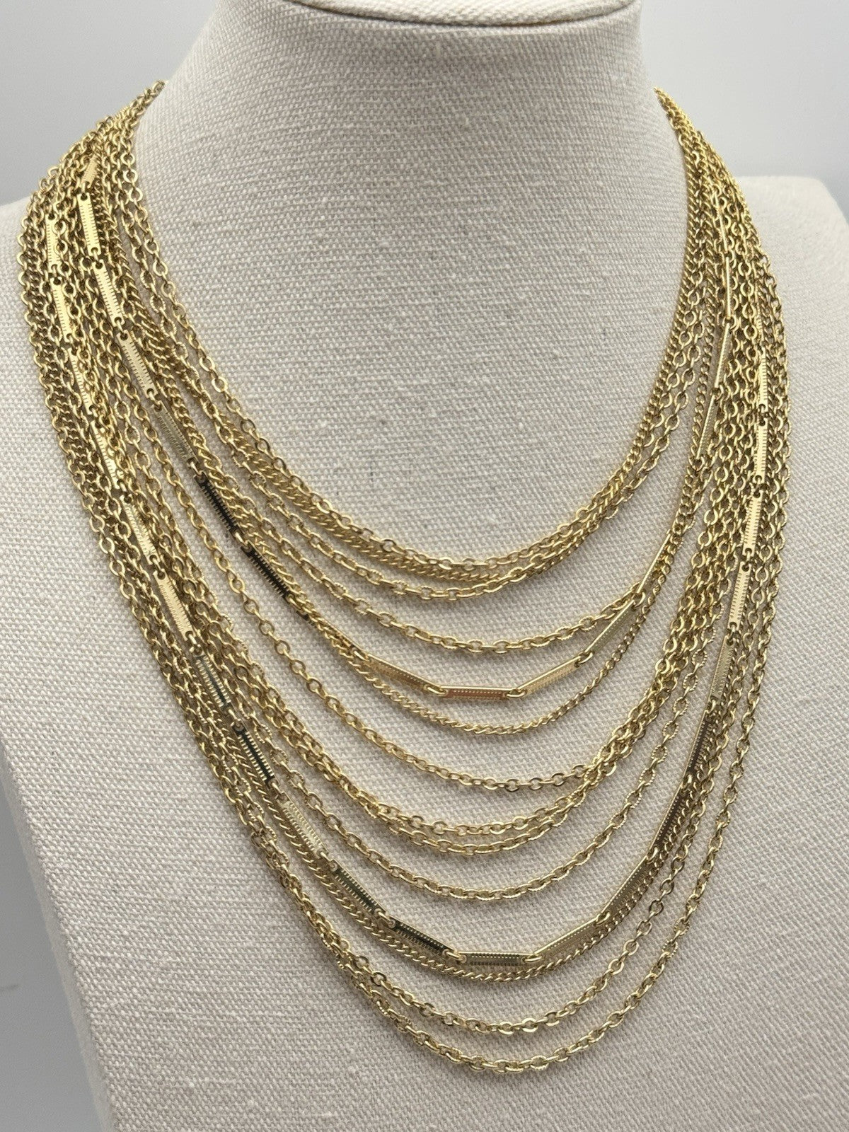 Vintage Goldtone Multi-Strand Bib Necklace Adjustable 18” 3.5” Drop