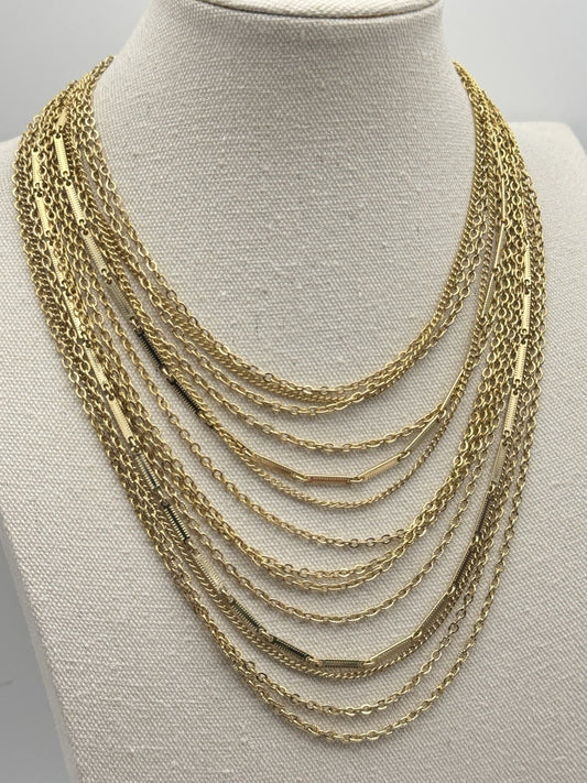 Vintage Goldtone Multi-Strand Bib Necklace Adjustable 18” 3.5” Drop