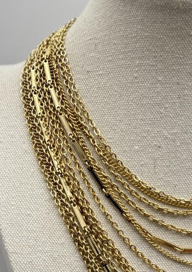 Vintage Goldtone Multi-Strand Bib Necklace Adjustable 18” 3.5” Drop
