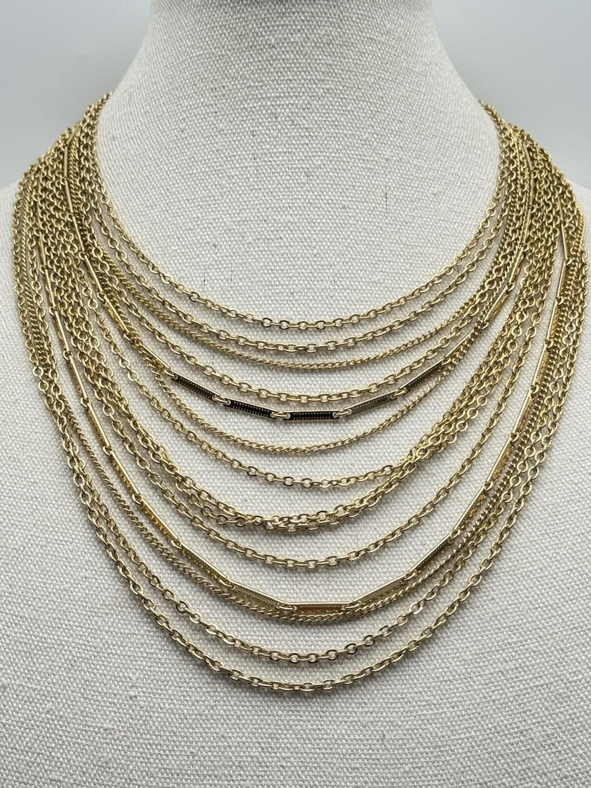 Vintage Goldtone Multi-Strand Bib Necklace Adjustable 18” 3.5” Drop