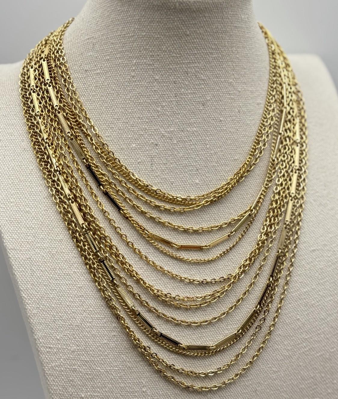 Vintage Goldtone Multi-Strand Bib Necklace Adjustable 18” 3.5” Drop