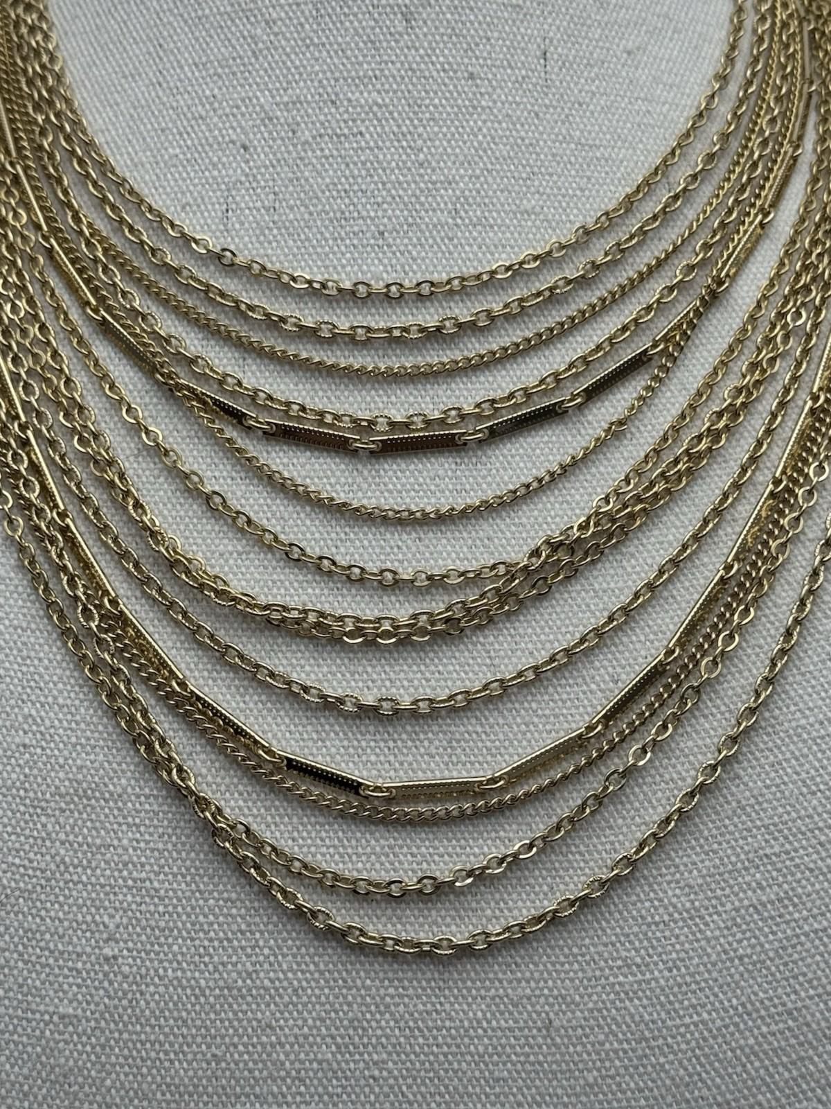 Vintage Goldtone Multi-Strand Bib Necklace Adjustable 18” 3.5” Drop