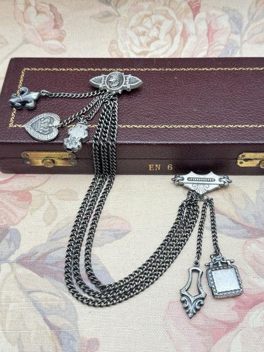 Vintage Victorian Revival Chatelaine Brooch Guard w/ Chains & Charms 15” RARE
