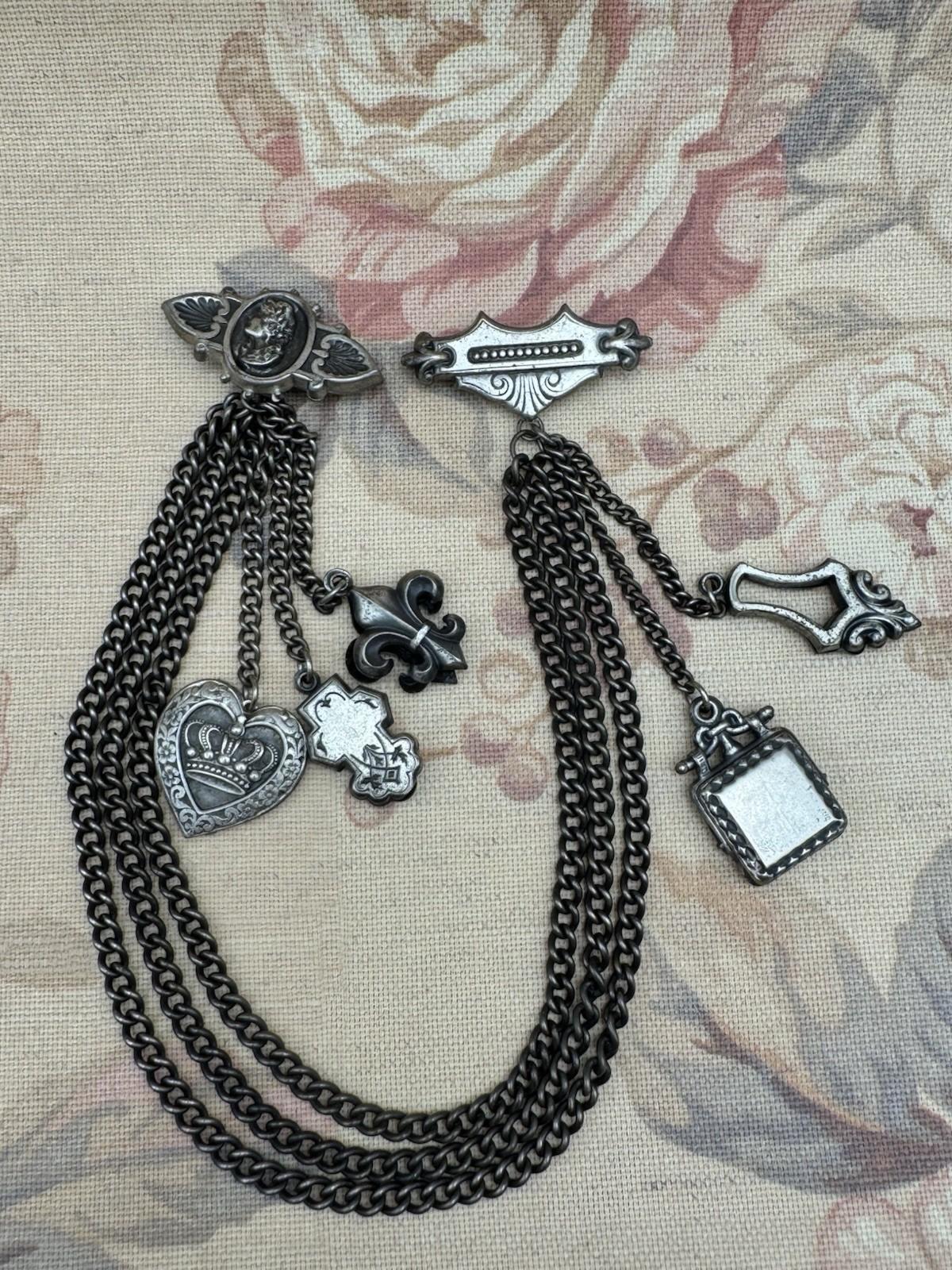 Vintage Victorian Revival Chatelaine Brooch Guard w/ Chains & Charms 15” RARE