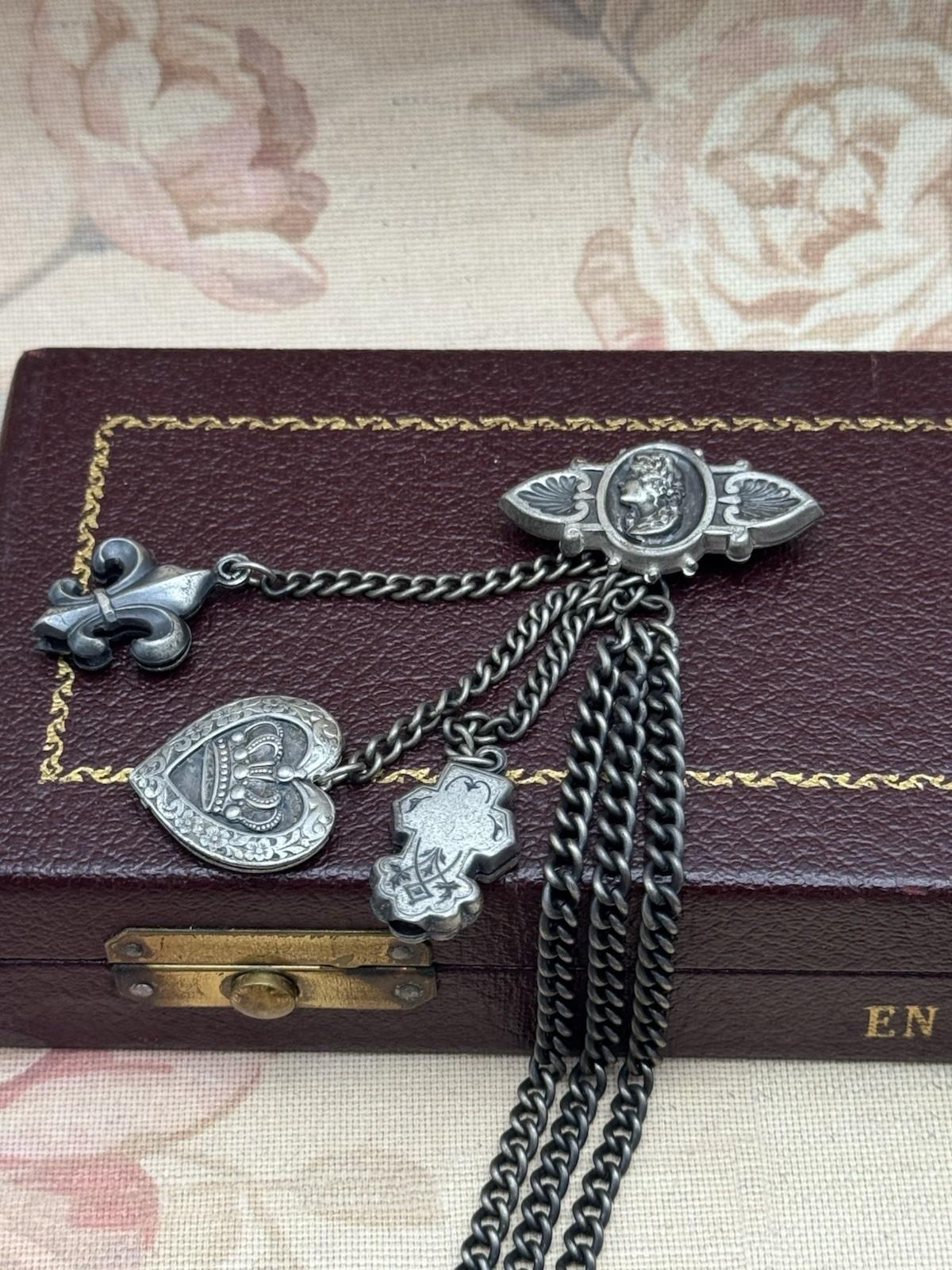 Vintage Victorian Revival Chatelaine Brooch Guard w/ Chains & Charms 15” RARE