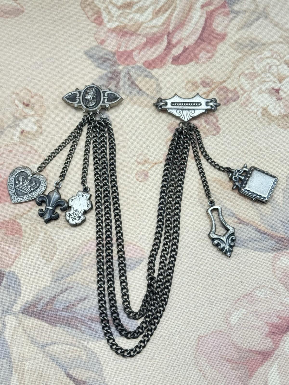 Vintage Victorian Revival Chatelaine Brooch Guard w/ Chains & Charms 15” RARE