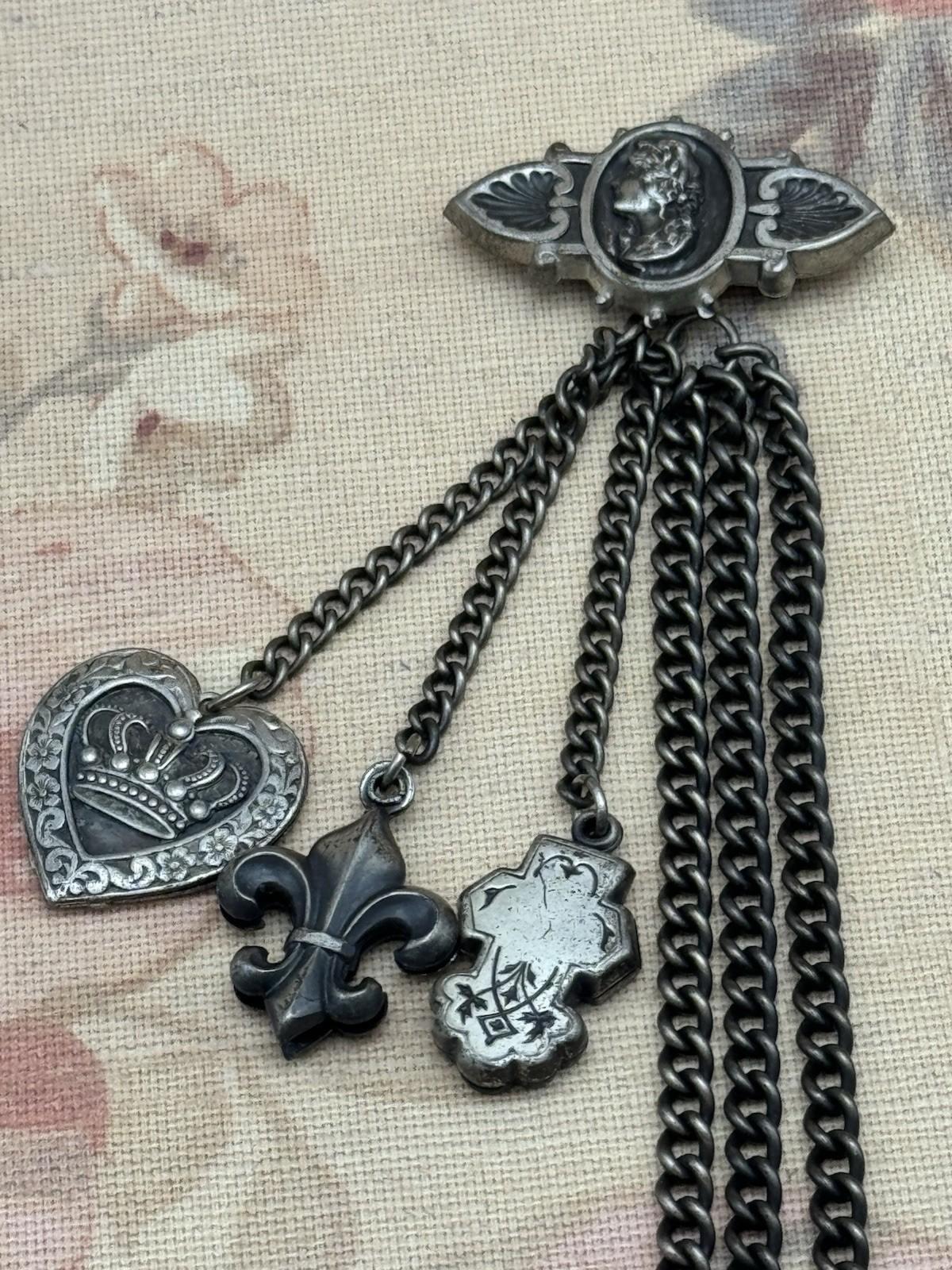 Vintage Victorian Revival Chatelaine Brooch Guard w/ Chains & Charms 15” RARE