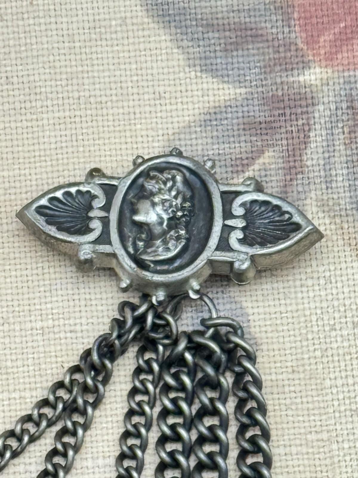 Vintage Victorian Revival Chatelaine Brooch Guard w/ Chains & Charms 15” RARE