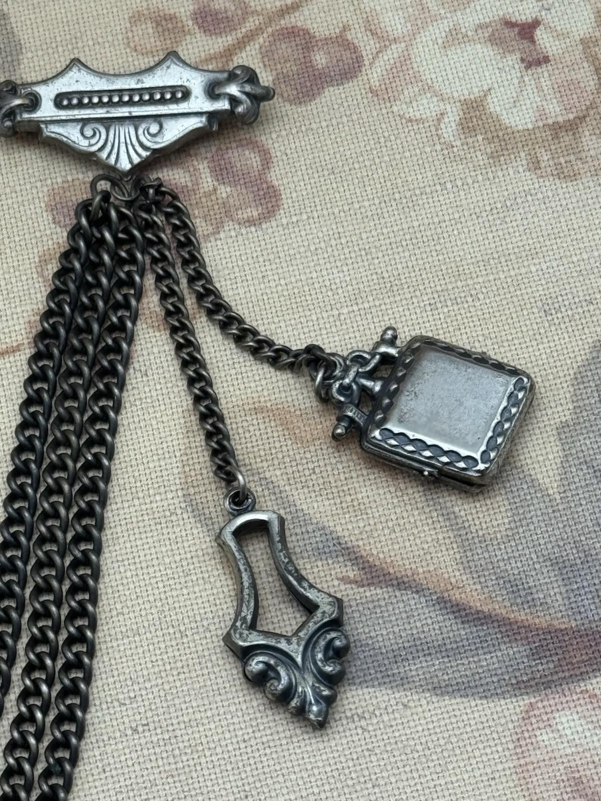 Vintage Victorian Revival Chatelaine Brooch Guard w/ Chains & Charms 15” RARE