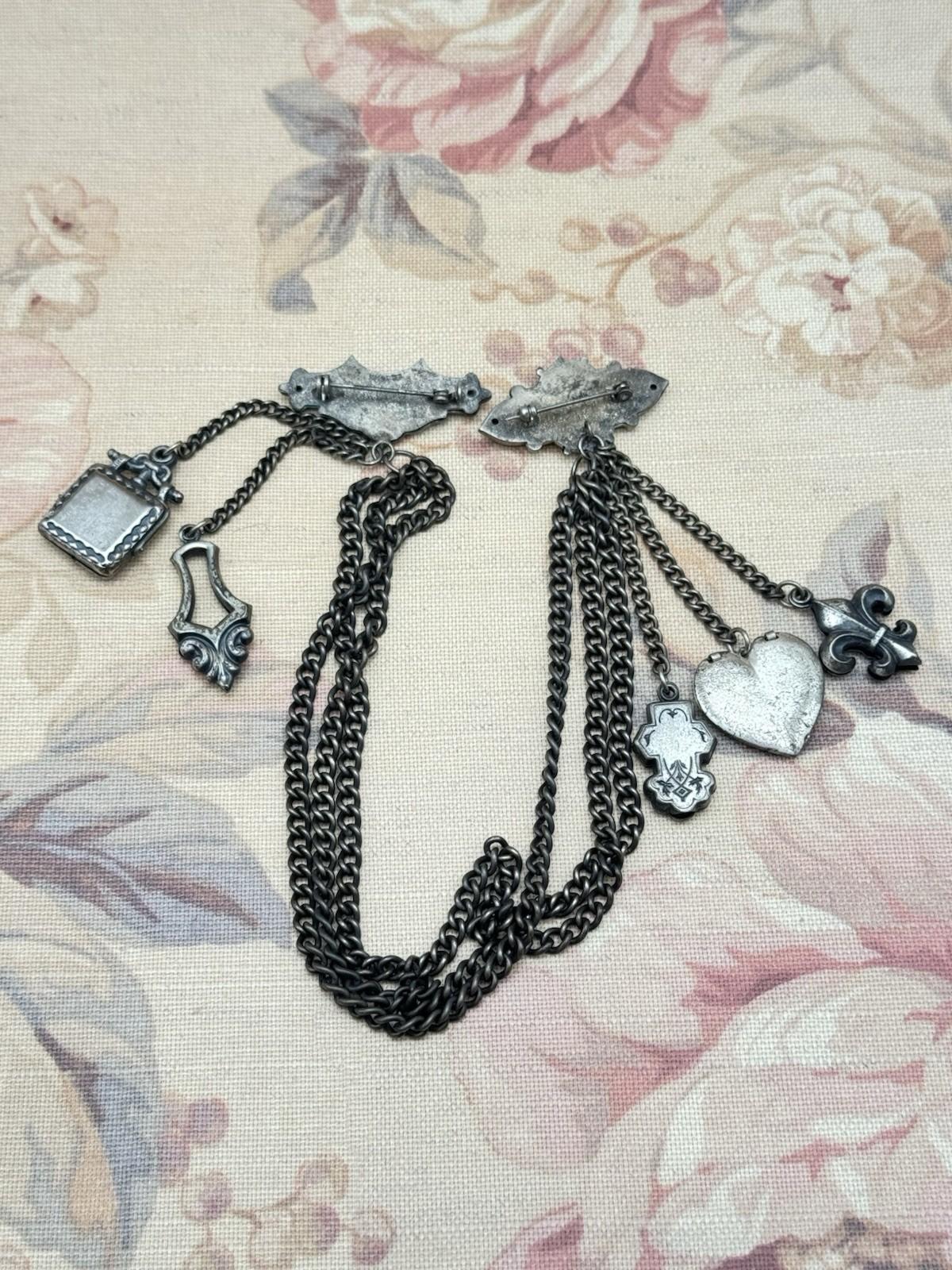 Vintage Victorian Revival Chatelaine Brooch Guard w/ Chains & Charms 15” RARE