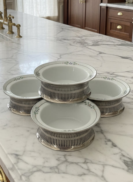4 Ramekins Royal Rochester Hand Painted Porcelain w/ Silver Plate Holders