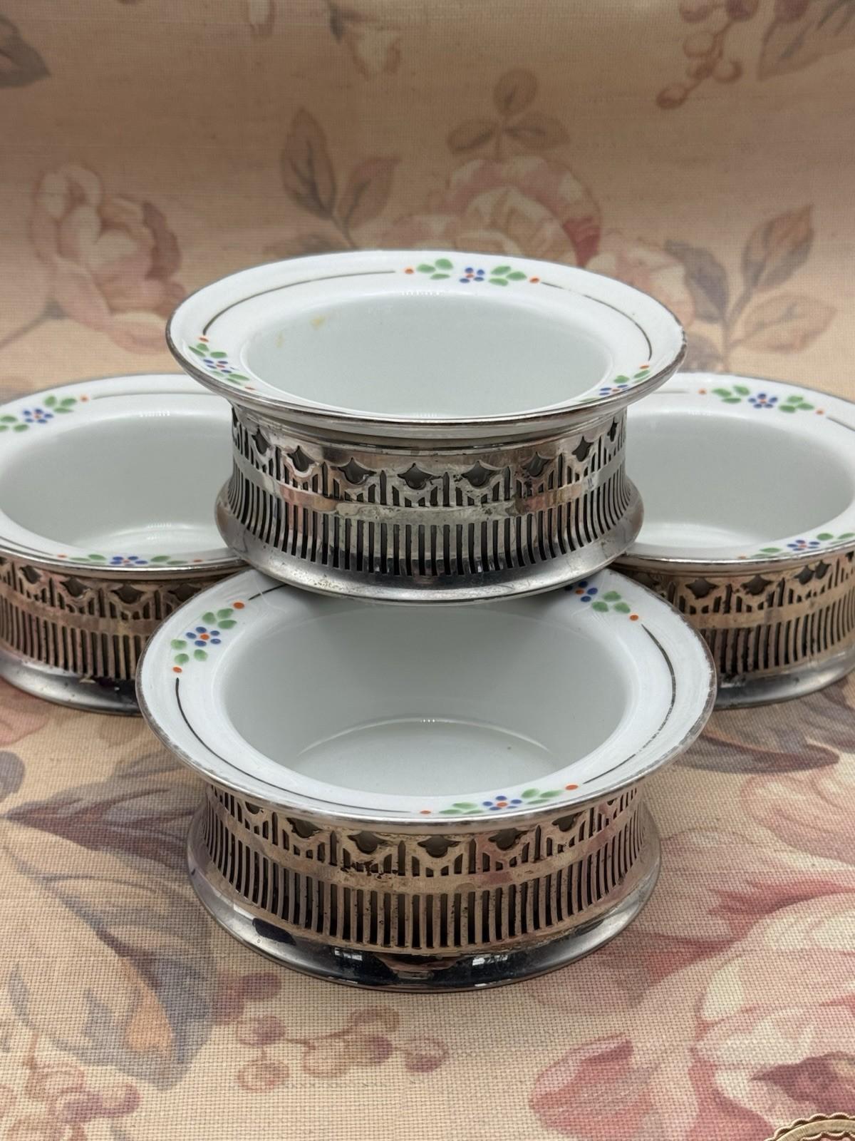 4 Ramekins Royal Rochester Hand Painted Porcelain w/ Silver Plate Holders