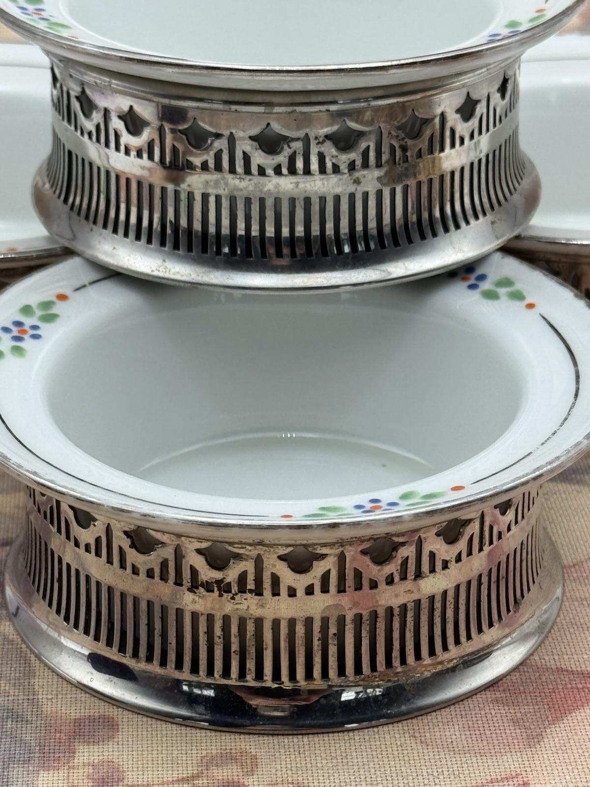 4 Ramekins Royal Rochester Hand Painted Porcelain w/ Silver Plate Holders