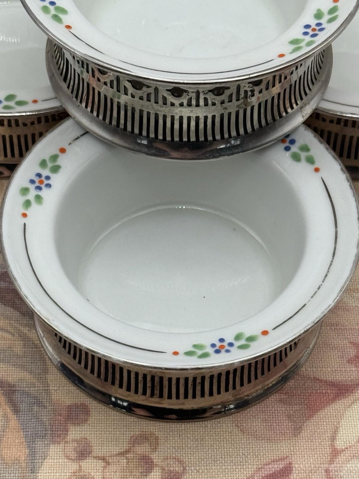 4 Ramekins Royal Rochester Hand Painted Porcelain w/ Silver Plate Holders