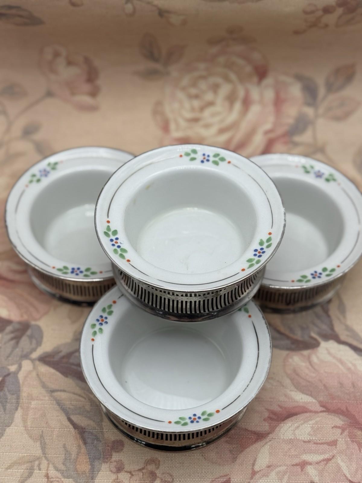 4 Ramekins Royal Rochester Hand Painted Porcelain w/ Silver Plate Holders