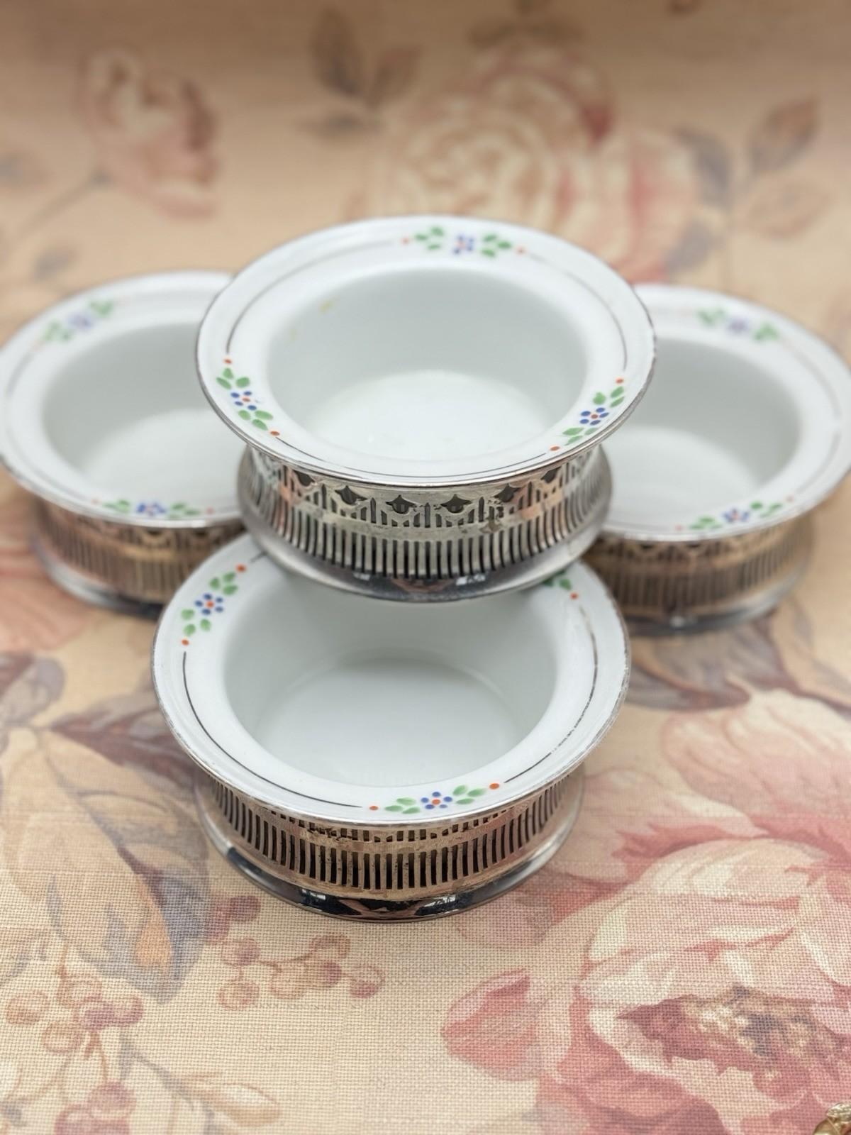 4 Ramekins Royal Rochester Hand Painted Porcelain w/ Silver Plate Holders