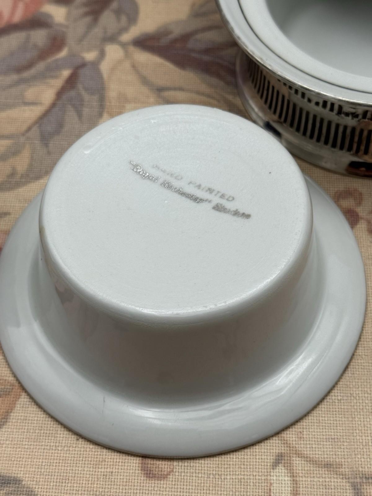 4 Ramekins Royal Rochester Hand Painted Porcelain w/ Silver Plate Holders