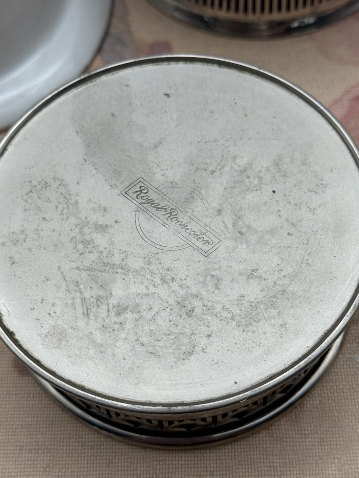 4 Ramekins Royal Rochester Hand Painted Porcelain w/ Silver Plate Holders