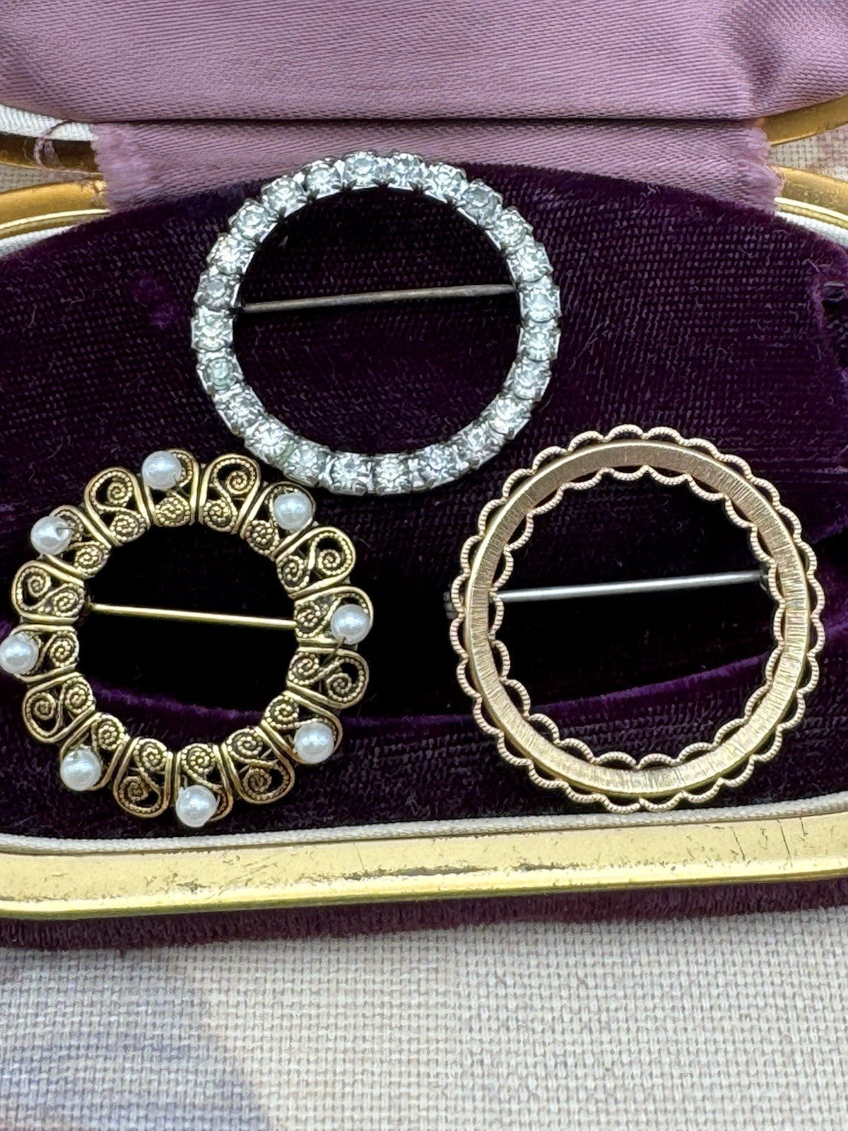 Vintage Circle Brooch Lot Rhinestone Faux Pearl Gold Tone Pin Set of 3