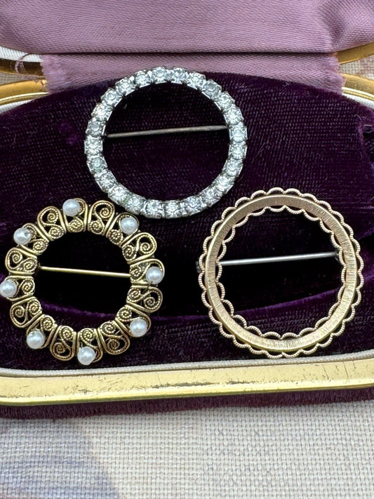 Vintage Circle Brooch Lot Rhinestone Faux Pearl Gold Tone Pin Set of 3