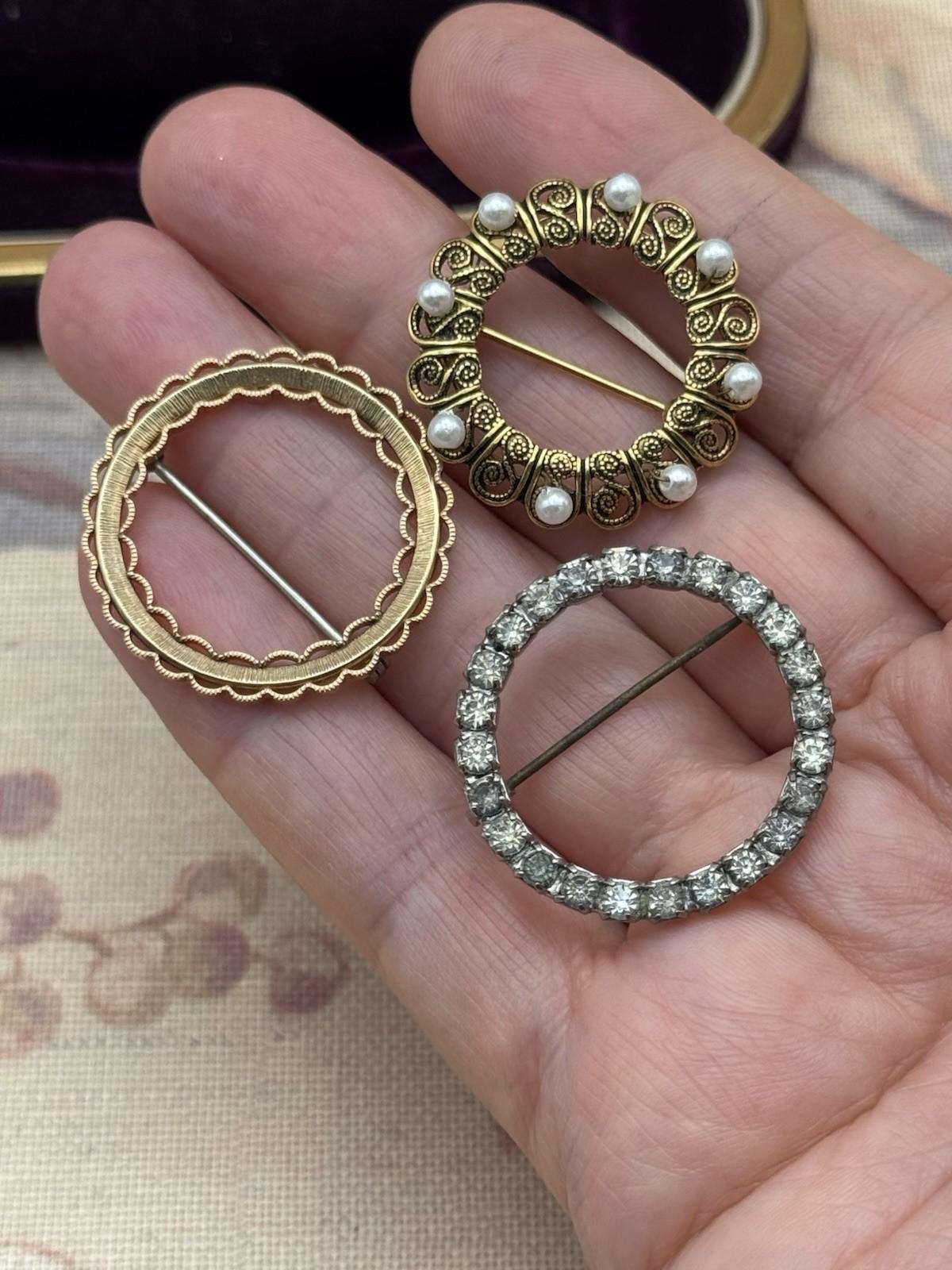 Vintage Circle Brooch Lot Rhinestone Faux Pearl Gold Tone Pin Set of 3
