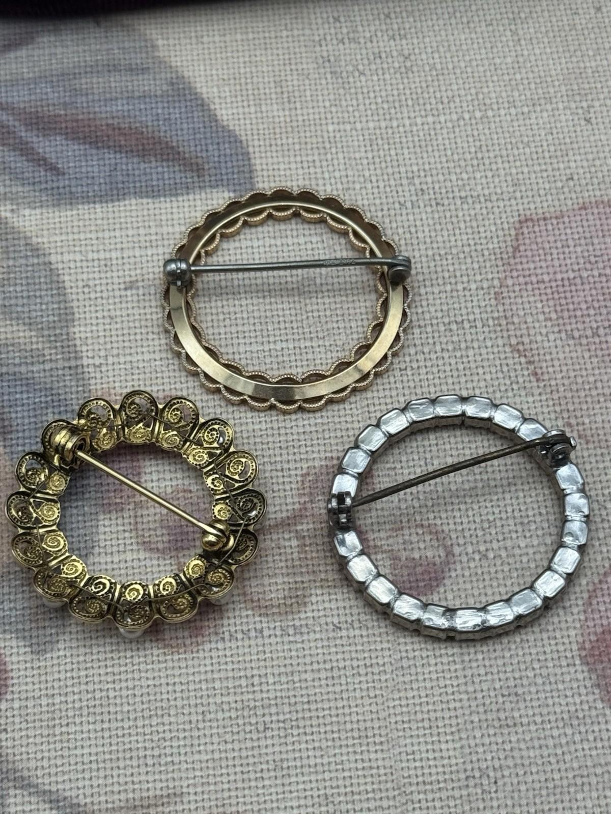 Vintage Circle Brooch Lot Rhinestone Faux Pearl Gold Tone Pin Set of 3