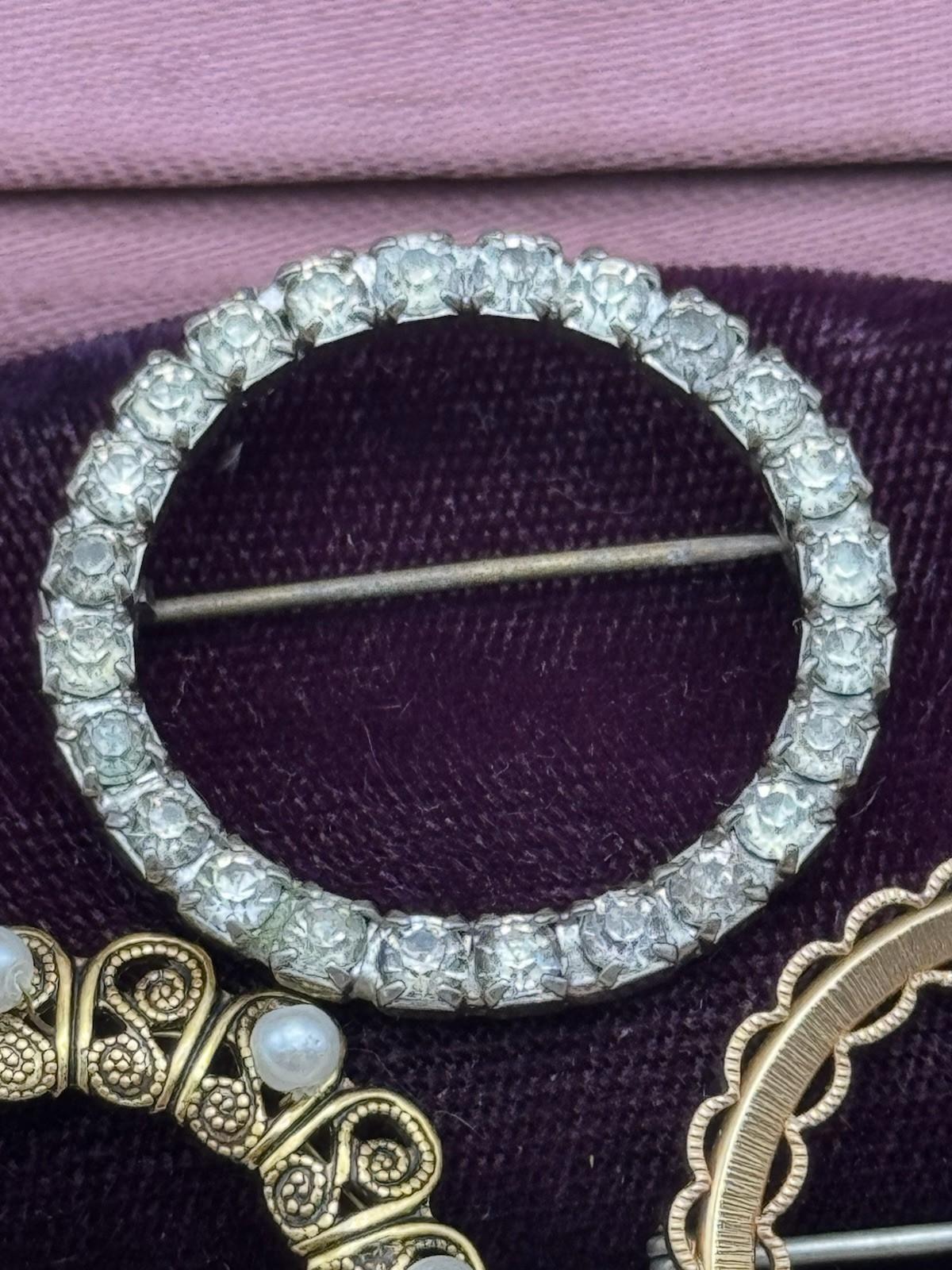 Vintage Circle Brooch Lot Rhinestone Faux Pearl Gold Tone Pin Set of 3