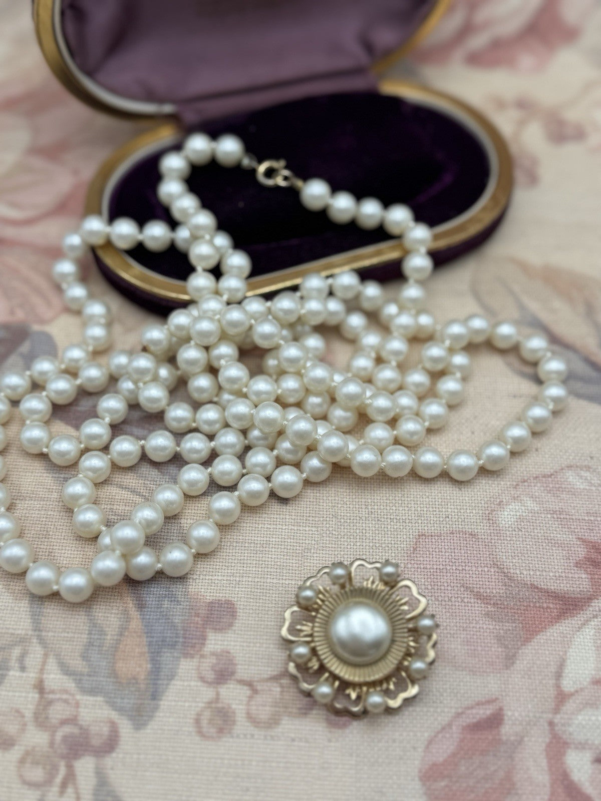 Signed Coro Brooch Faux Pearl & 57” Faux Pearl Necklace UNSIGNED Jewelry Set
