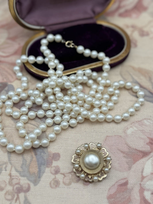 Signed Coro Brooch Faux Pearl & 57” Faux Pearl Necklace UNSIGNED Jewelry Set