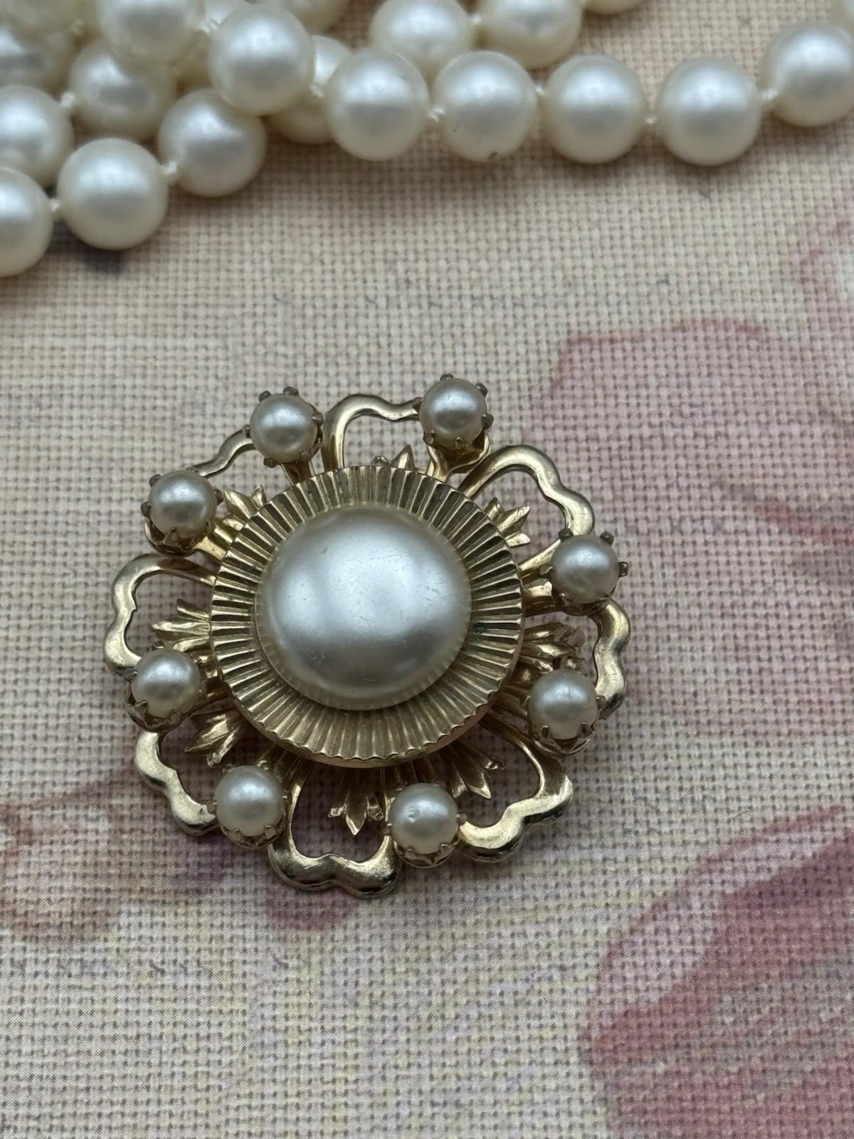 Signed Coro Brooch Faux Pearl & 57” Faux Pearl Necklace UNSIGNED Jewelry Set