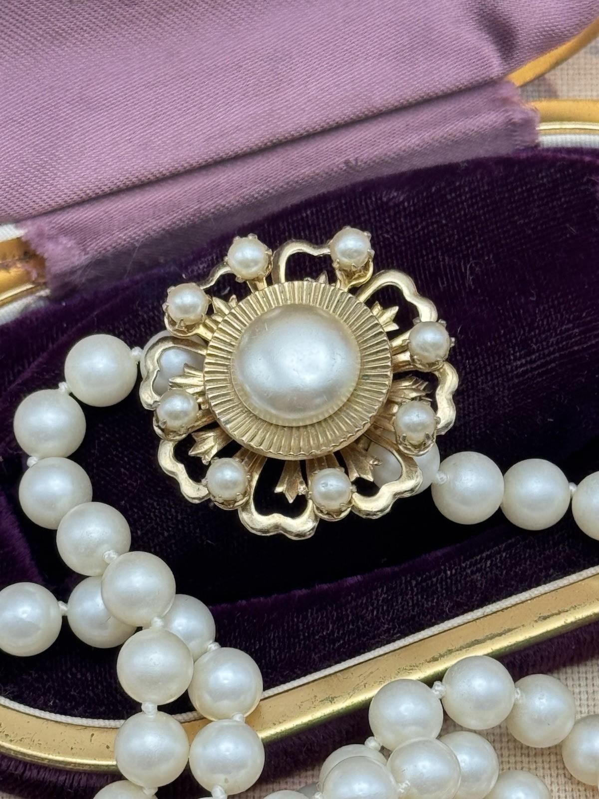 Signed Coro Brooch Faux Pearl & 57” Faux Pearl Necklace UNSIGNED Jewelry Set