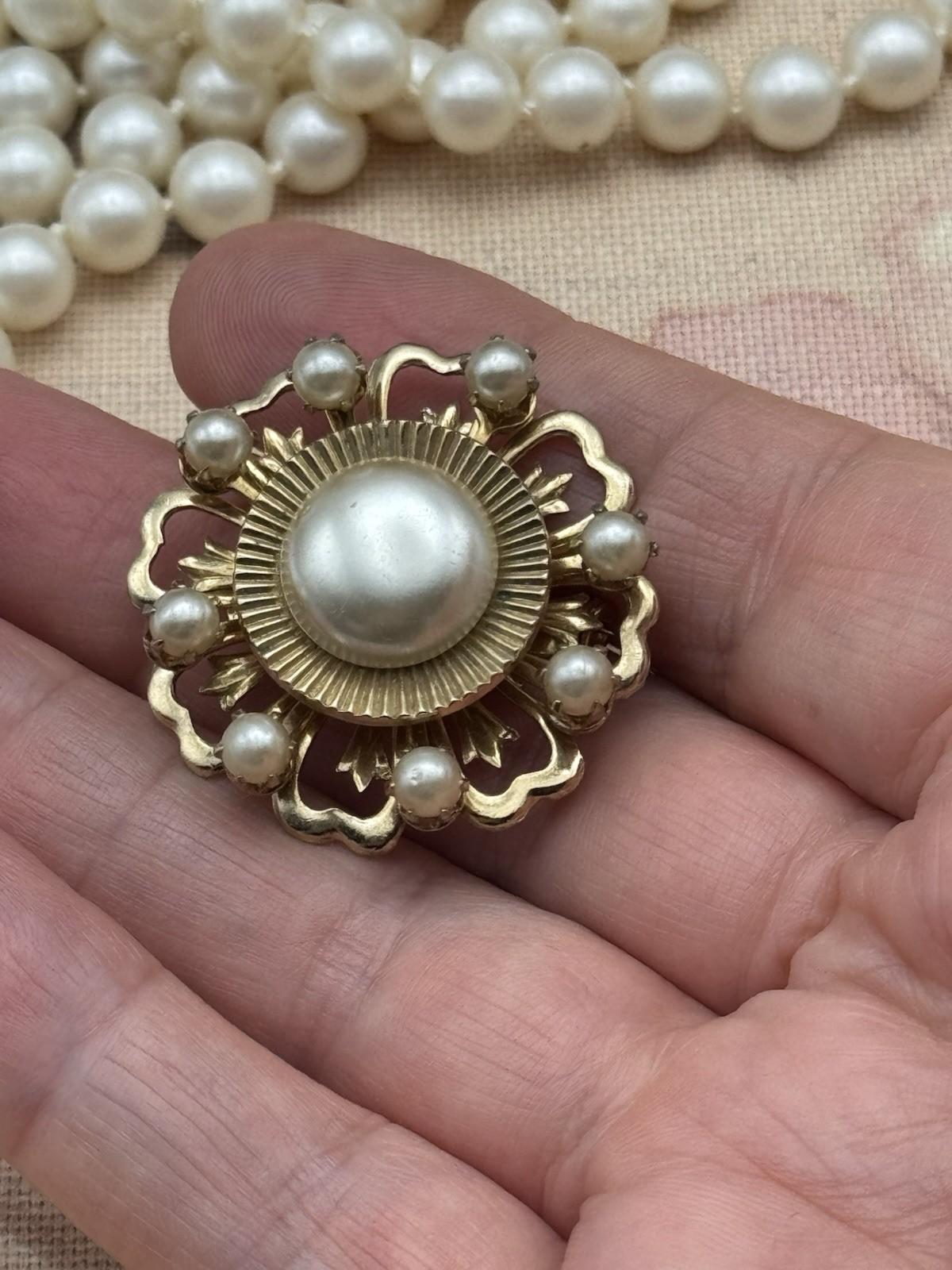 Signed Coro Brooch Faux Pearl & 57” Faux Pearl Necklace UNSIGNED Jewelry Set