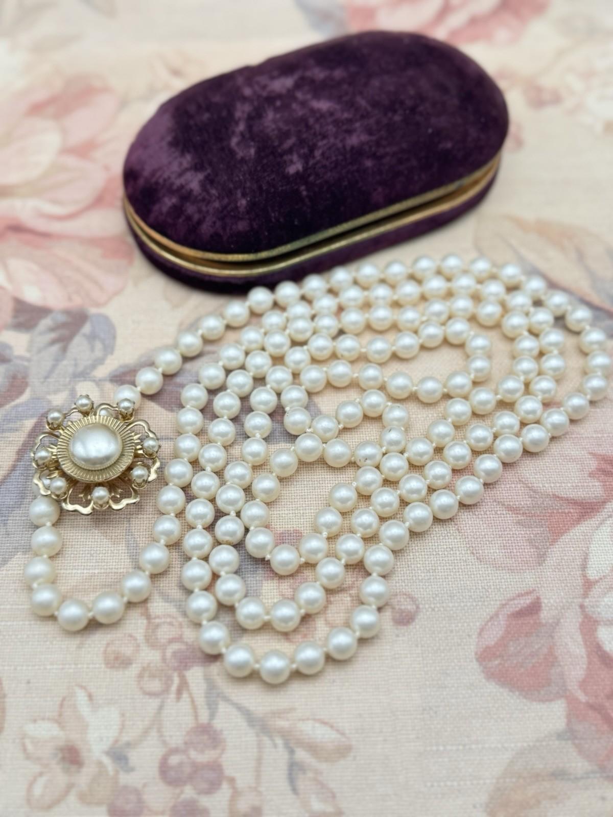 Signed Coro Brooch Faux Pearl & 57” Faux Pearl Necklace UNSIGNED Jewelry Set