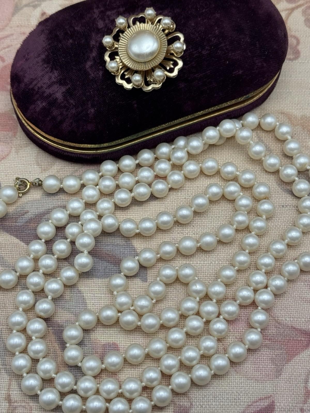 Signed Coro Brooch Faux Pearl & 57” Faux Pearl Necklace UNSIGNED Jewelry Set