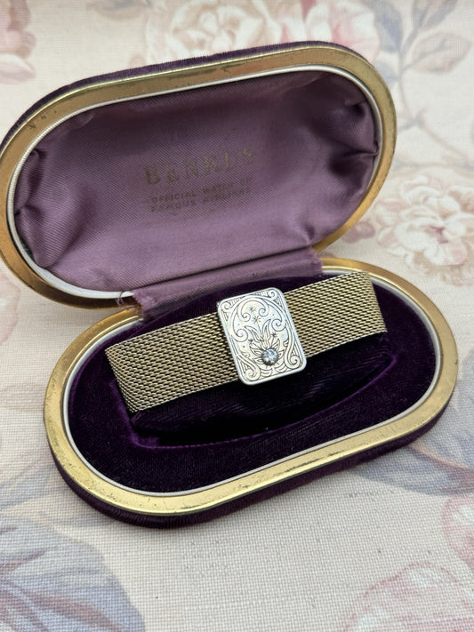 Vintage 1950s Gold Filled Mesh Bracelet w/ Engraved Clasp & Rhinestone